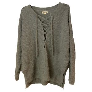 Cotton Candy Fuzzy Grey Lace Up Cozy Sweater
